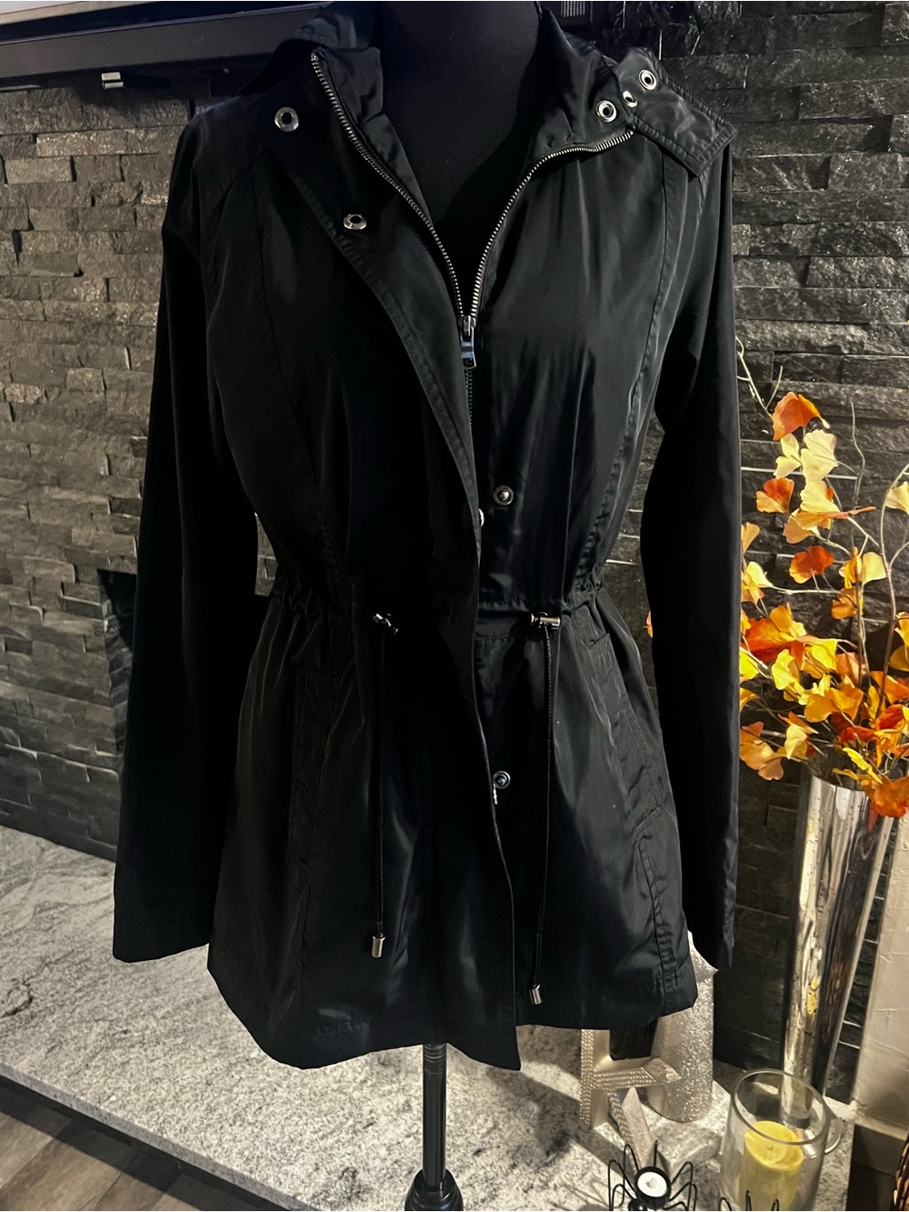 Merona Black rain Jacket with Cinch Waist